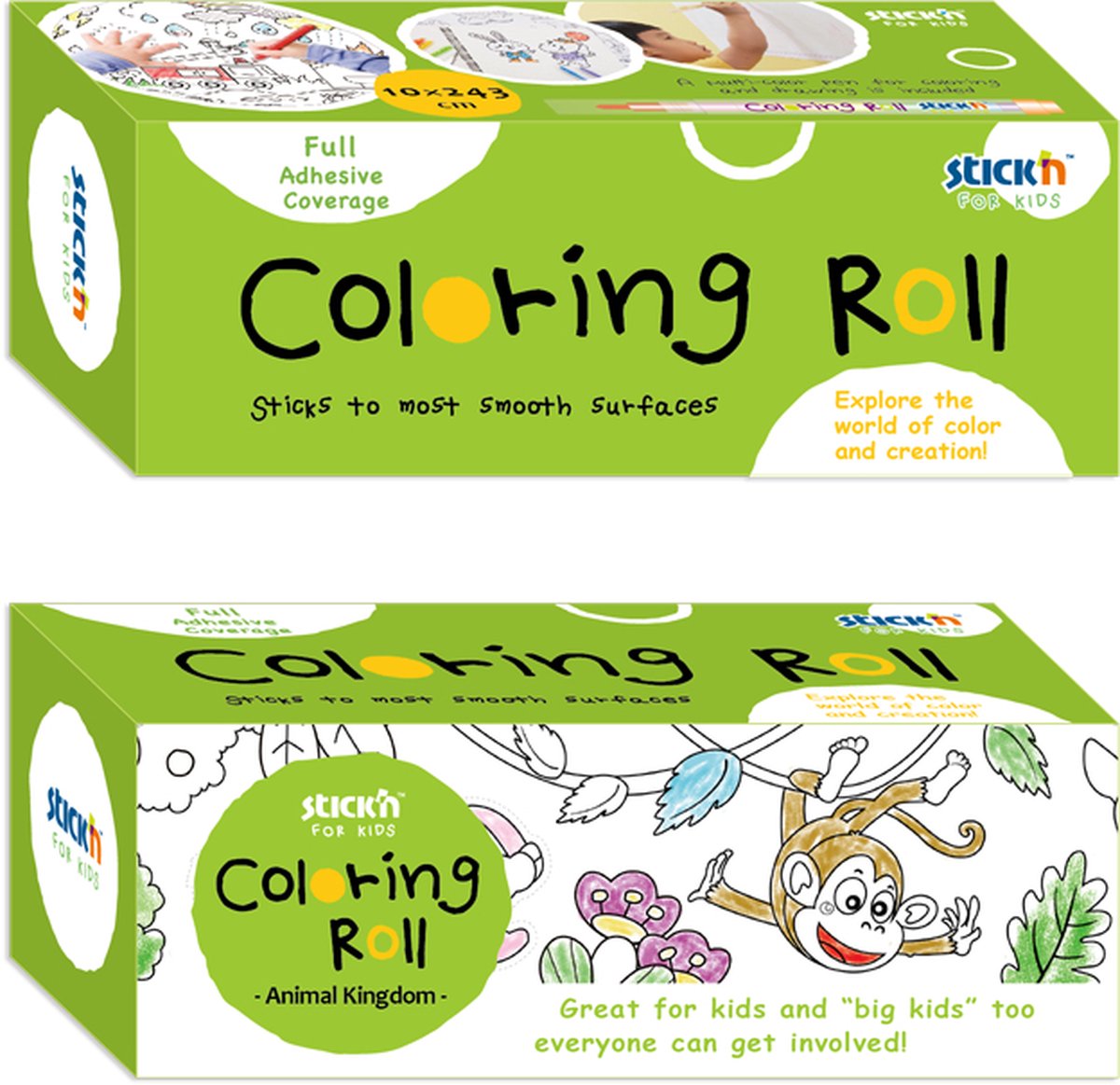 Tekenrol, 10x243cm, wit, dieren, achterzijde volledig voorzien van zelfklevende non-permanente lijm, incl. gratis 6 kleurenpotlood